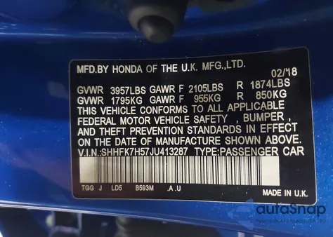 2018 Honda Civic Ex from USA, damaged, VIN SHHFK7H57JU413287